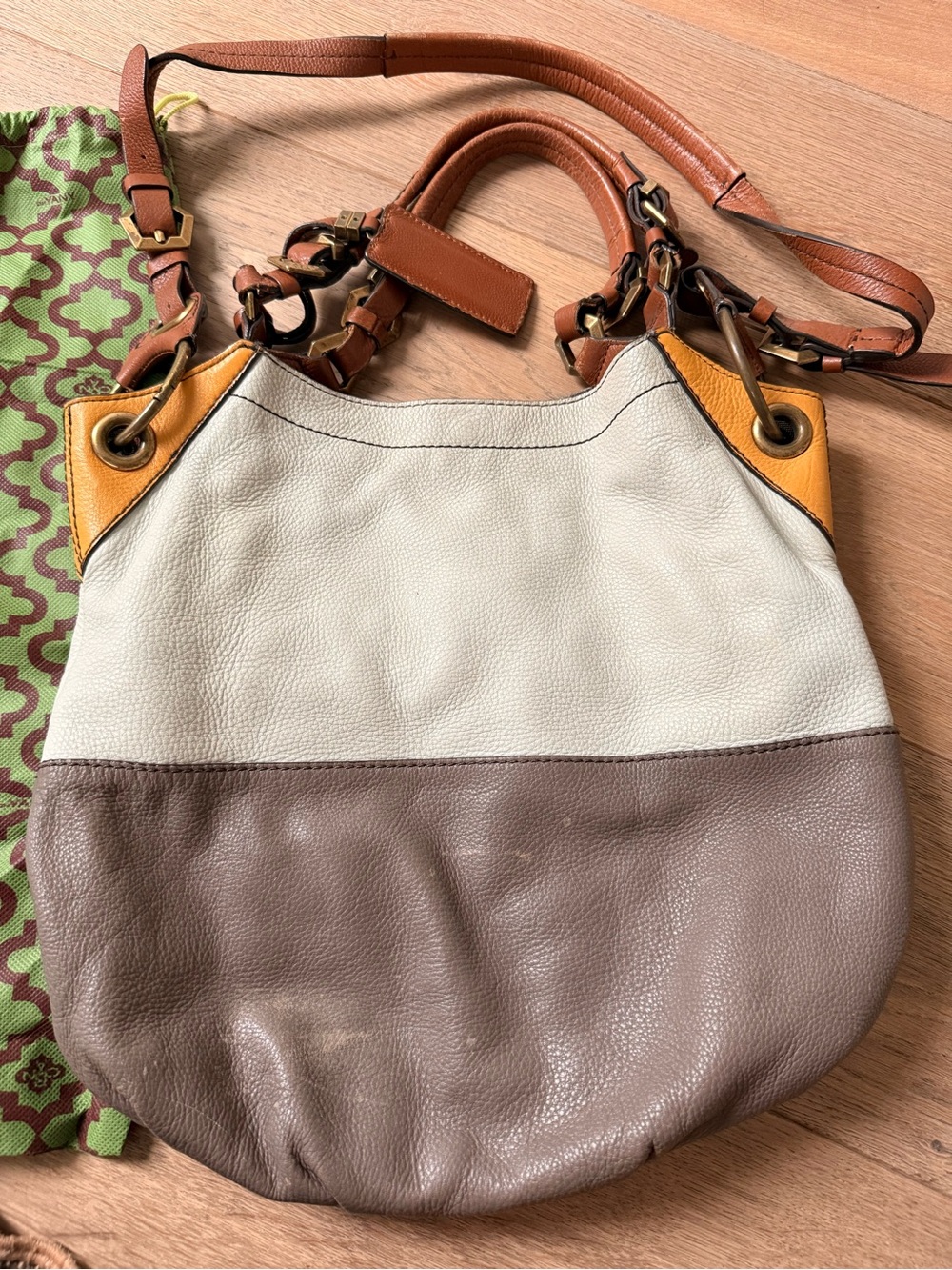 Oryany Leather Two-Tone Hobo Bag in Cream & Taupe